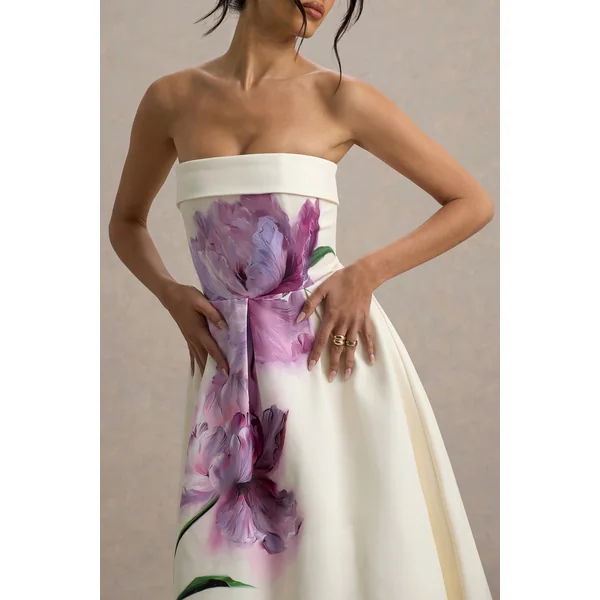 Annalise | Robe Mi-Longue Rose Floral Évasée à Bandeau