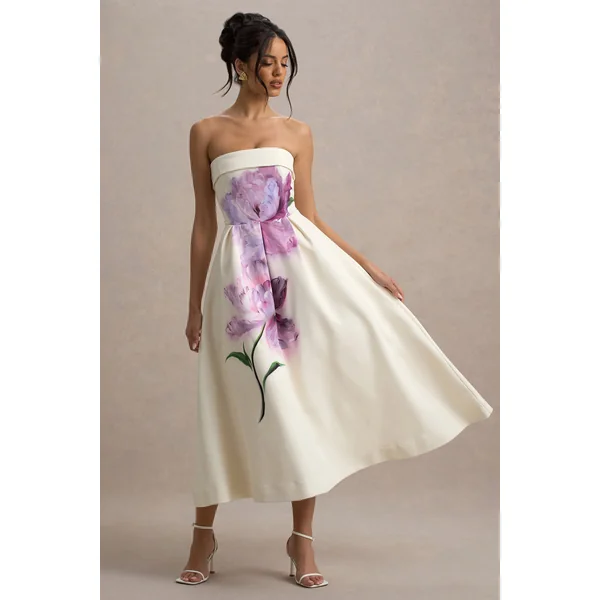 Annalise | Robe Mi-Longue Rose Floral Évasée à Bandeau