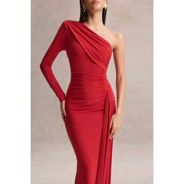 Anne | Robe longue rouge portefeuille à encolure asymétrique avec écharpe