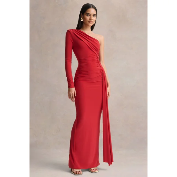 Anne | Robe longue rouge portefeuille à encolure asymétrique avec écharpe