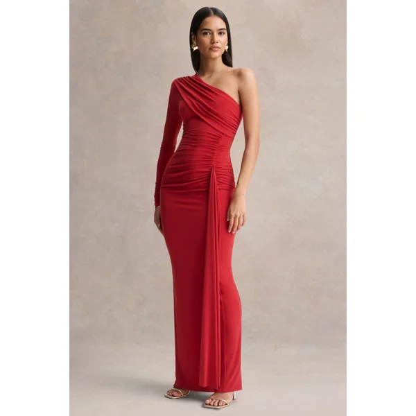 Anne | Robe longue rouge portefeuille à encolure asymétrique avec écharpe