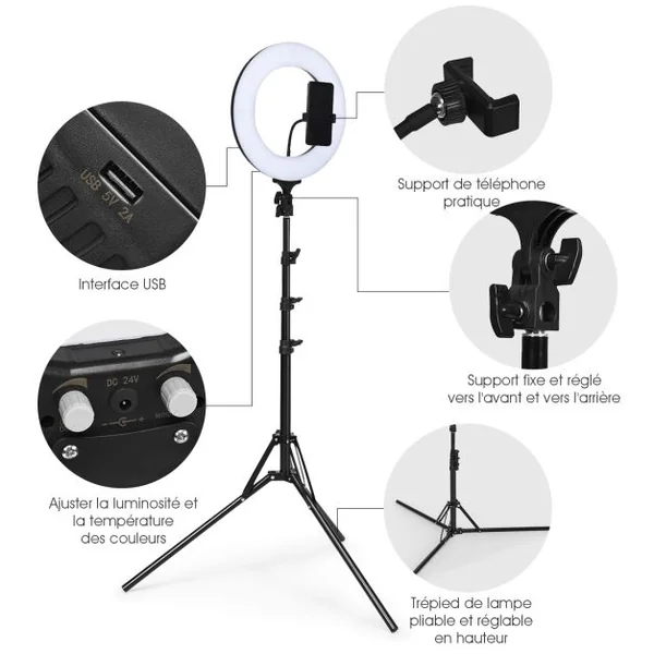 Anneau Rond d’Éclairage LED 3200-5500K pour Studio Photo 14 Pouces Trépied Réglable en Hauteur Accessoires Noir