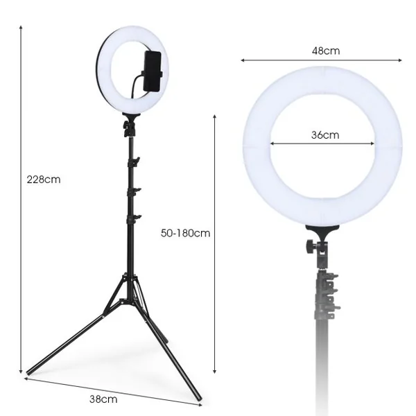 Anneau Rond d’Éclairage LED 3200-5500K pour Studio Photo 14 Pouces Trépied Réglable en Hauteur Accessoires Noir