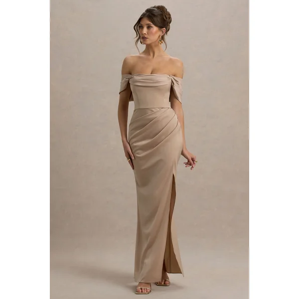 Annie | Robe Longue Champagne en Satin à Décolleté Bardot avec Jupe Drapée à Fente