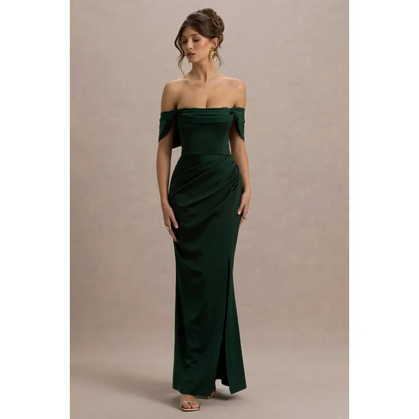 Annie | Robe Longue Vert Bouteille en Satin à Décolleté Bardot avec Jupe Drapée à Fente