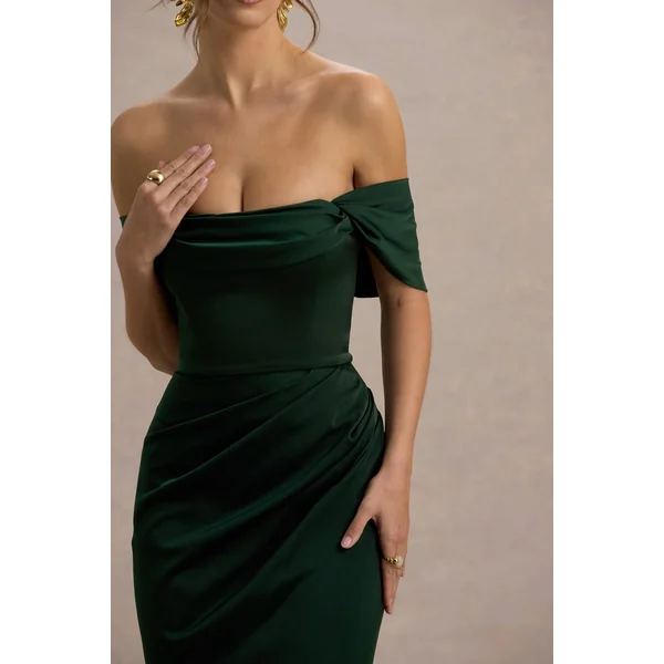 Annie | Robe Longue Vert Bouteille en Satin à Décolleté Bardot avec Jupe Drapée à Fente
