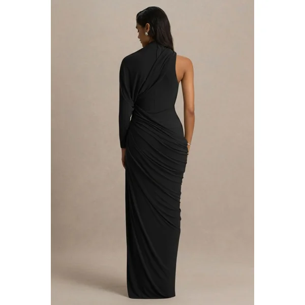 Aphra | Robe longue noire à col montant et manche cape