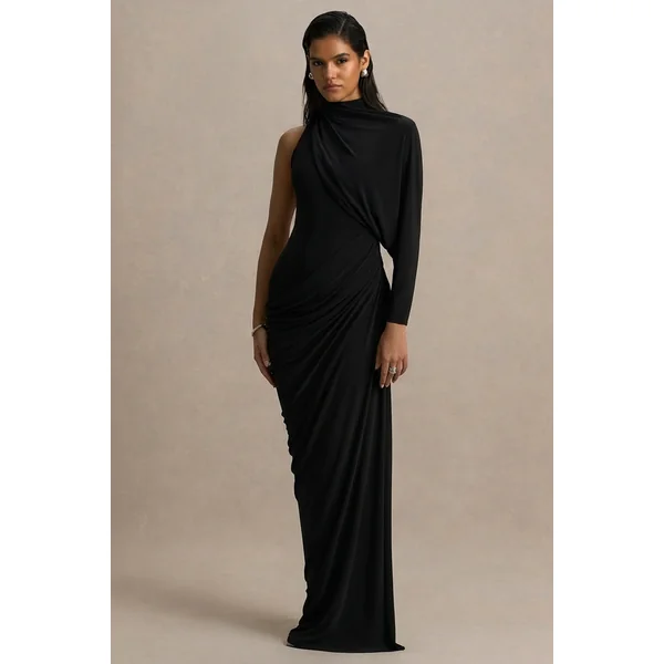 Aphra | Robe longue noire à col montant et manche cape