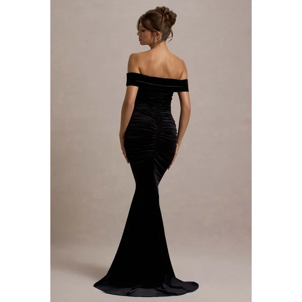 Apolline | Robe longue en velours noir à épaules dénudées et queue de poisson froncée