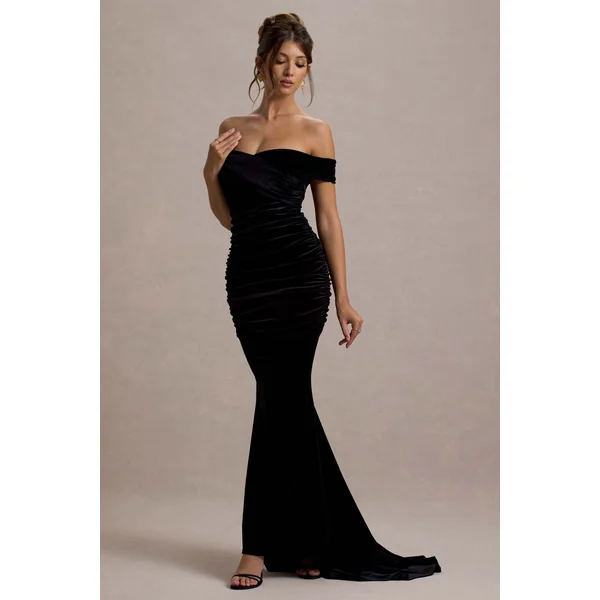 Apolline | Robe longue en velours noir à épaules dénudées et queue de poisson froncée