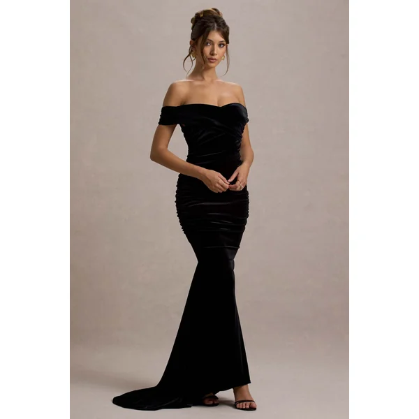 Apolline | Robe longue en velours noir à épaules dénudées et queue de poisson froncée