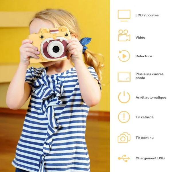 Appareil Photo Numérique pour Enfants 18 Mp 1080 P Ecran 5 Cm Carte Mémoire 16 Go Port Usb Batterie 500 mAh Jaune