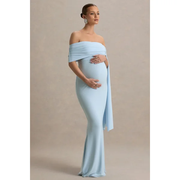 Aquila | Robe de maternité longue bardot bleu poudré avec manche drapée