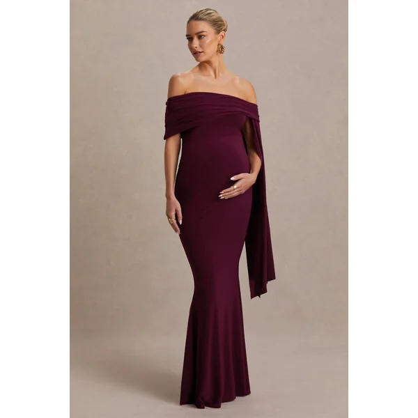 Aquila | Robe longue de maternité bordeaux à encolure bardot avec manche drapée