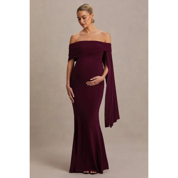 Aquila | Robe longue de maternité bordeaux à encolure bardot avec manche drapée