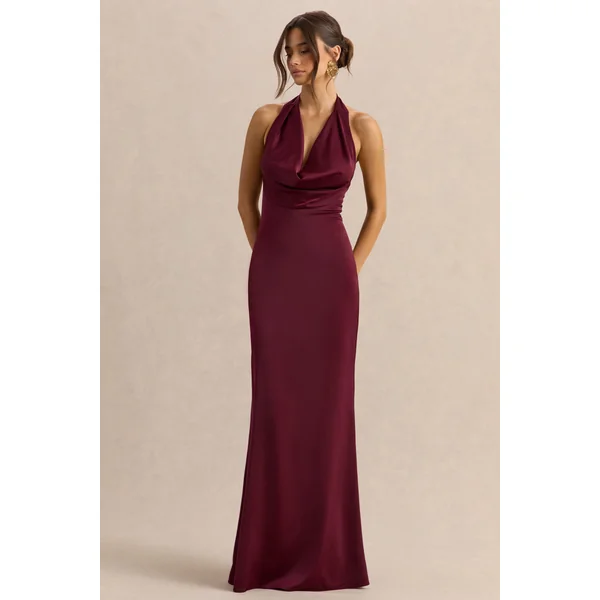 Aralisse | Robe longue en satin bordeaux à col drapé