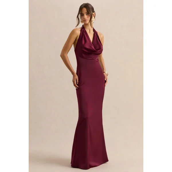 Aralisse | Robe longue en satin bordeaux à col drapé