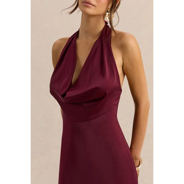 Aralisse | Robe longue en satin bordeaux à col drapé