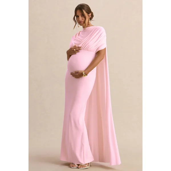 Araminta | Robe longue de maternité rose clair à encolure Bardot avec manches cape