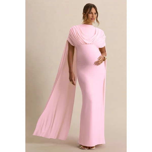 Araminta | Robe longue de maternité rose clair à encolure Bardot avec manches cape
