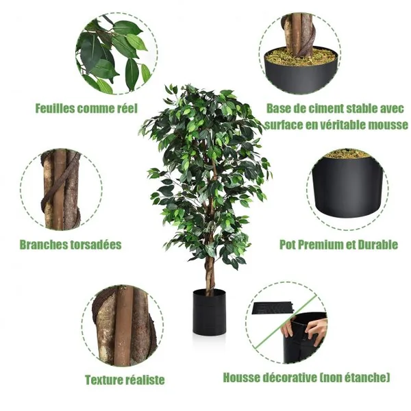 Arbre Artificiel Grand Ficus 180 CM avec Cannes pour Décoration 1008 Feuilles