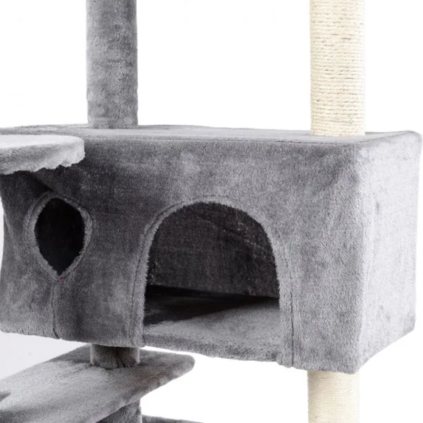 Arbre à chat 3 Niveaux avec Griffoir 5 Glateformes 2 Condos 1 Rampe, en MDF et Sisal, 50 x 50 x 130 cm, Gris