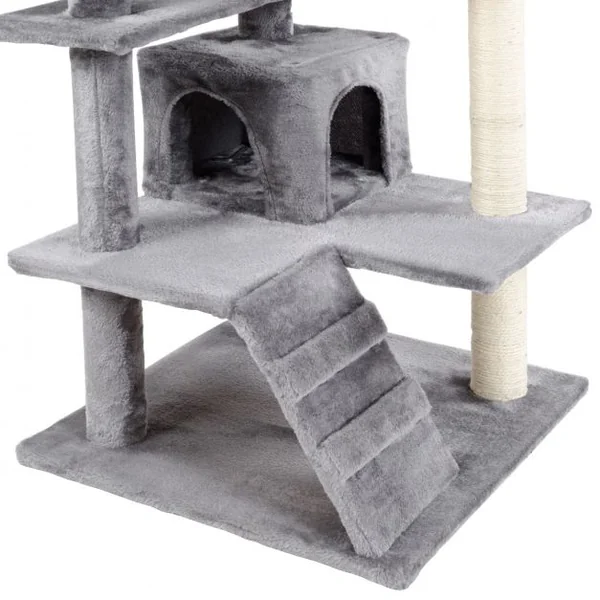 Arbre à chat 3 Niveaux avec Griffoir 5 Glateformes 2 Condos 1 Rampe, en MDF et Sisal, 50 x 50 x 130 cm, Gris