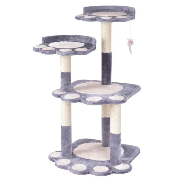 Arbre à Chat 4 niveaux avec Griffoir en sisal/Centre d'Activités avec motif de pattes, 60 x 56 x 100 cm, Gris