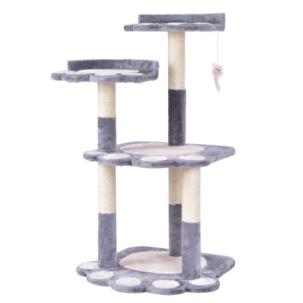 Arbre à Chat 4 niveaux avec Griffoir en sisal/Centre d'Activités avec motif de pattes, 60 x 56 x 100 cm, Gris