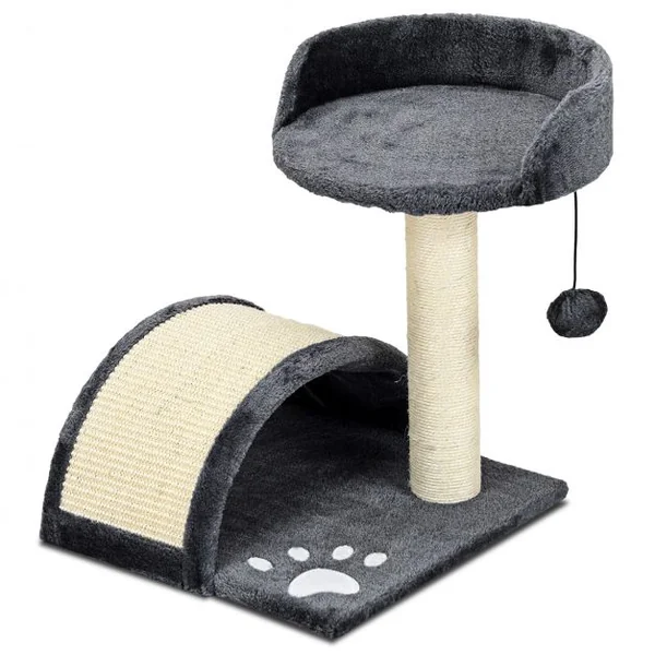 Arbre à Chat avec 1 Plateforme 1 Griffoir en Arc 1 Balle Suspendue, en MDF et Sisal, 35,5 x 35,5 x 44 cm, Gris