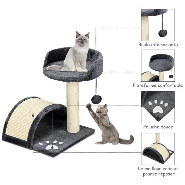 Arbre à Chat avec 1 Plateforme 1 Griffoir en Arc 1 Balle Suspendue, en MDF et Sisal, 35,5 x 35,5 x 44 cm, Gris