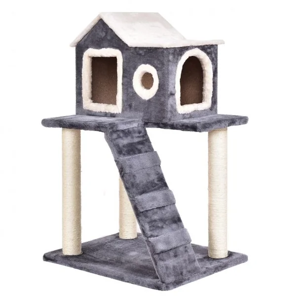 Arbre à chat avec griffoir en sisal Maison de chat 2 niveaux avec entrées et rampe d’accès, 60x45x88cm, Gris