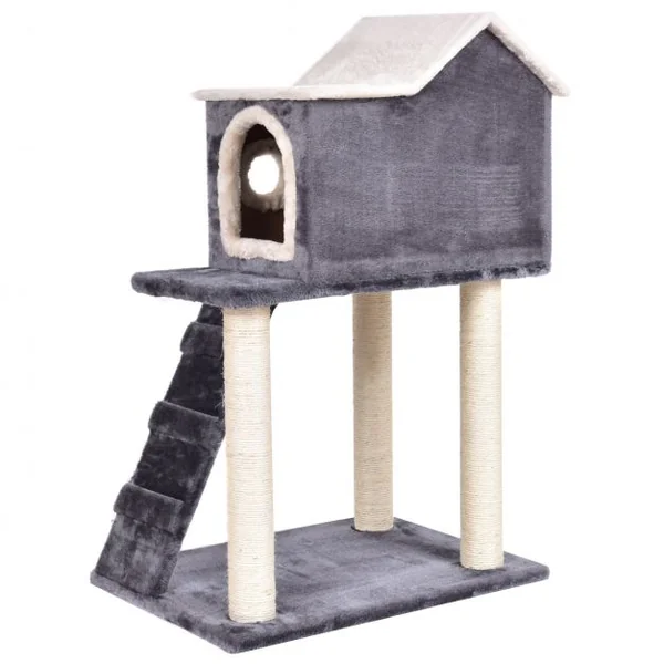 Arbre à chat avec griffoir en sisal Maison de chat 2 niveaux avec entrées et rampe d’accès, 60x45x88cm, Gris