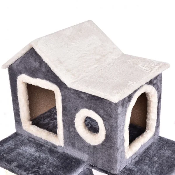 Arbre à chat avec griffoir en sisal Maison de chat 2 niveaux avec entrées et rampe d’accès, 60x45x88cm, Gris