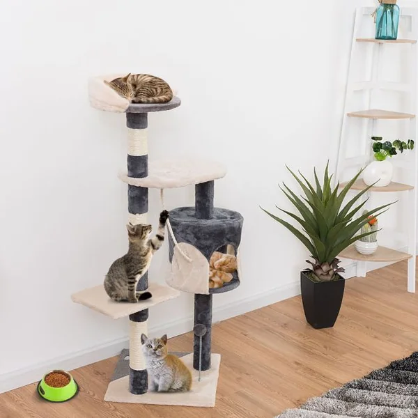 Arbre à Chat avec Griffoir en sisal niche en peluche jouet et hamac 112 cm Grand Centre d’Activité pour Chat Gris