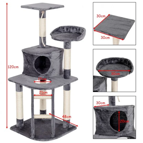 Arbre à Chat avec Griffoir en sisal niche en peluche jouet et échelle 120 cm Grand Centre d’Activité pour Chat Gris