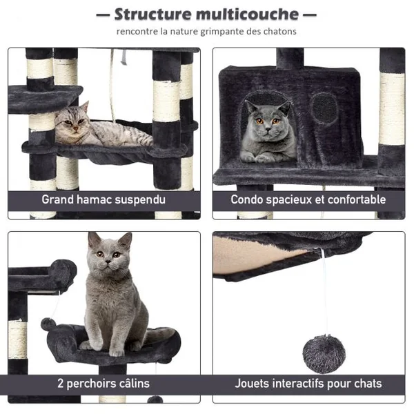 Arbre à Chat avec Multi-Etage de 140CM avec Hamac et Niche en Peluche Griffoir et Centre d'Activités