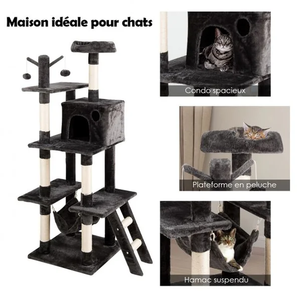 Arbre à Chat avec Multi-Etage Hamac Poteaux à Gratter et Plate pour Grimper s’Exercer et Dormir 87x50x155CM Gris foncé