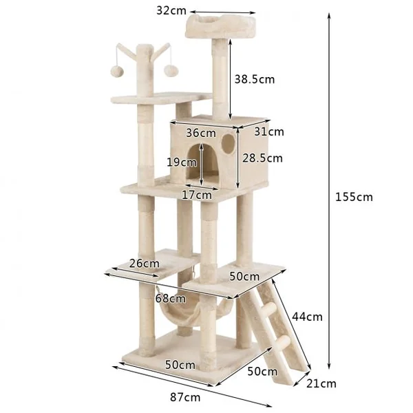 Arbre à Chat avec Multi-Etage Hamac Suspend Poteaux à Gratter et Centre d'Activités 87x50x155CM