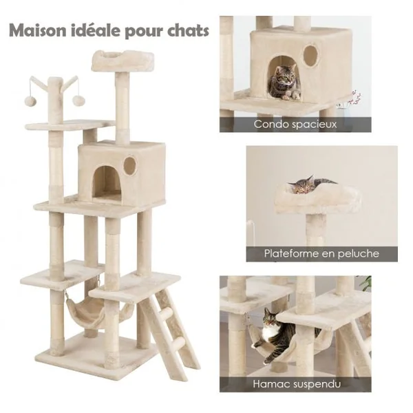 Arbre à Chat avec Multi-Etage Hamac Suspend Poteaux à Gratter et Centre d'Activités 87x50x155CM