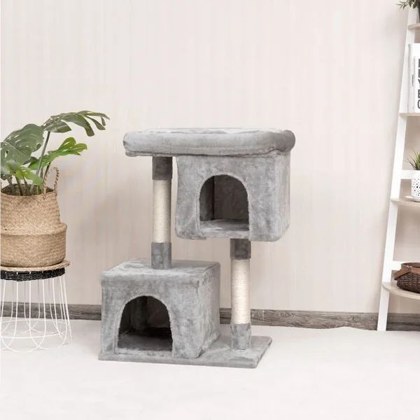 Arbre à Chat Hauteur 82CM 2 Etages avec 2 Cabanes Cozy en Peluche Colonne en Sisal Gris Clair