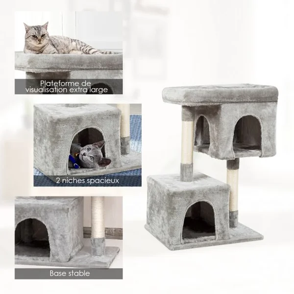 Arbre à Chat Hauteur 82CM 2 Etages avec 2 Cabanes Cozy en Peluche Colonne en Sisal Gris Clair