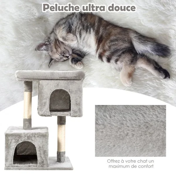 Arbre à Chat Hauteur 82CM 2 Etages avec 2 Cabanes Cozy en Peluche Colonne en Sisal Gris Clair