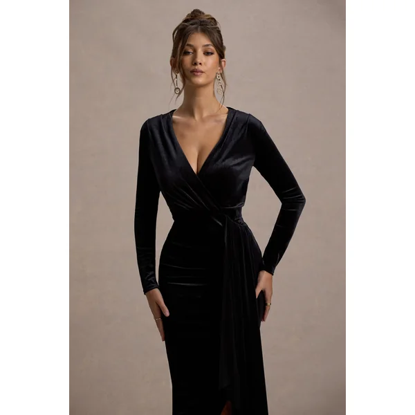 Arcadia | Robe Mi-Longue Torsadée en Velours Noir à Décolleté Plongeant