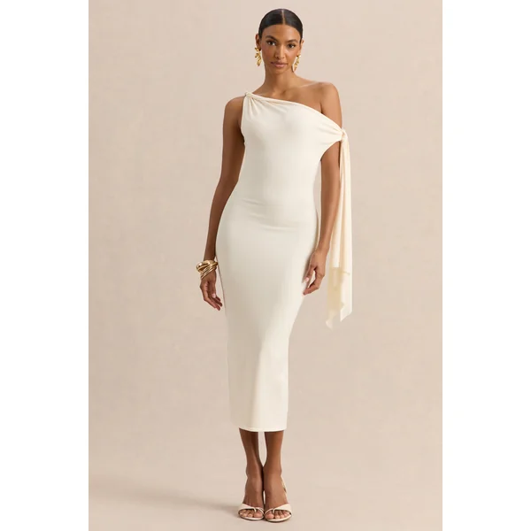 Arcelia | Robe mi-longue crème à encolure asymétrique avec détail de manche noué