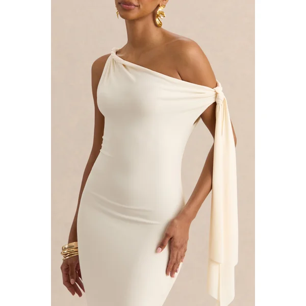 Arcelia | Robe mi-longue crème à encolure asymétrique avec détail de manche noué