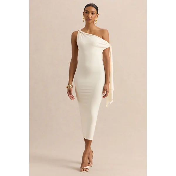 Arcelia | Robe mi-longue crème à encolure asymétrique avec détail de manche noué
