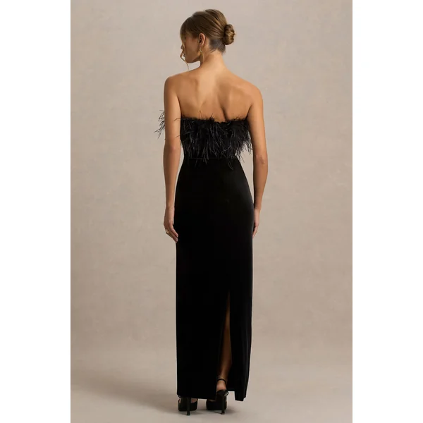 Arella | Robe Longue en Velours Noir à Encolure Bardot avec Bordure en Plumes