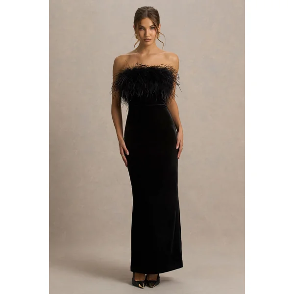 Arella | Robe Longue en Velours Noir à Encolure Bardot avec Bordure en Plumes