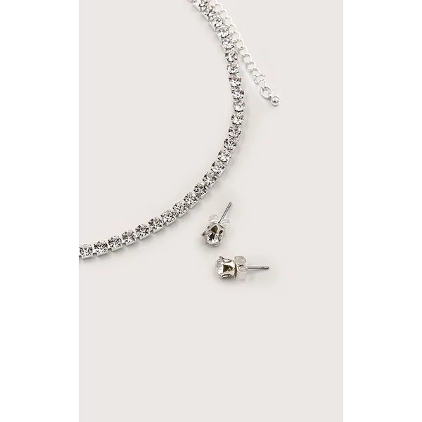 Argenté Ensemble Délicat De Clous D'oreilles Et Collier